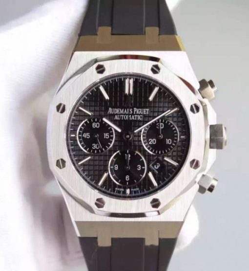 Replica Audemars Piguet Royal Oak Chronograph SS Black Dial Rubber Strap A7750