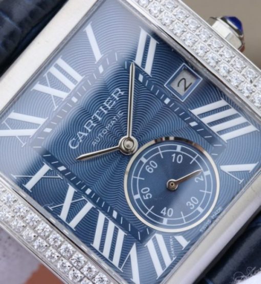 Replica Cartier Tank MC SS Blue Textured Dial Diamonds Bezel Leather Strap - Image 2