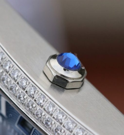 Replica Cartier Tank MC SS Blue Textured Dial Diamonds Bezel Leather Strap - Image 3
