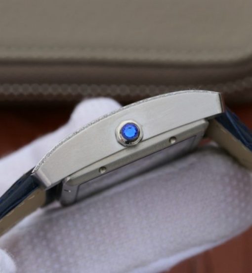Replica Cartier Tank MC SS Blue Textured Dial Diamonds Bezel Leather Strap - Image 4