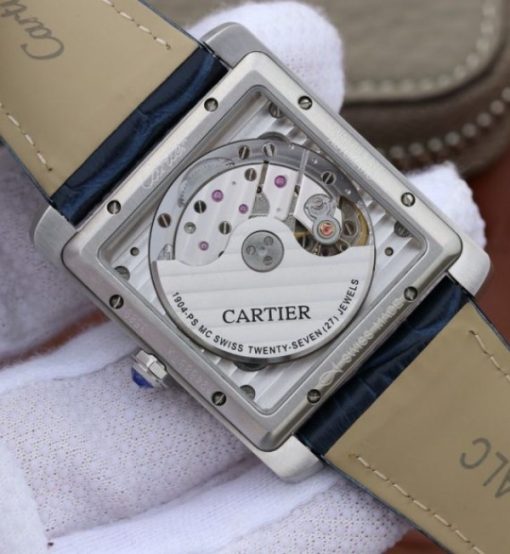 Replica Cartier Tank MC SS Blue Textured Dial Diamonds Bezel Leather Strap - Image 6