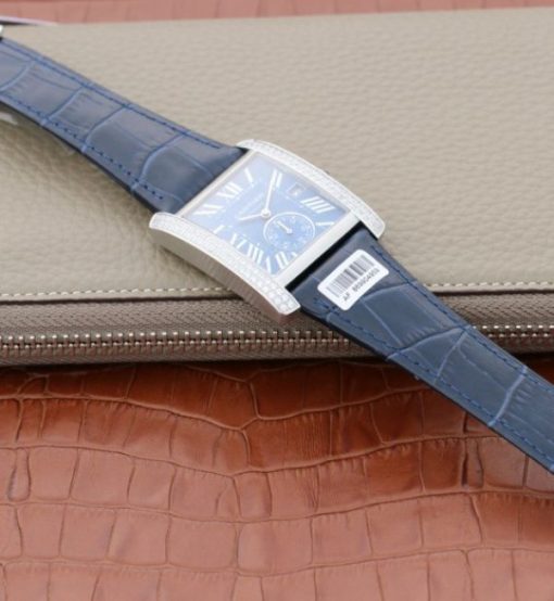Replica Cartier Tank MC SS Blue Textured Dial Diamonds Bezel Leather Strap - Image 8