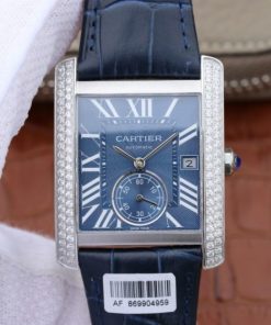 Replica Cartier Tank MC SS Blue Textured Dial Diamonds Bezel Leather Strap