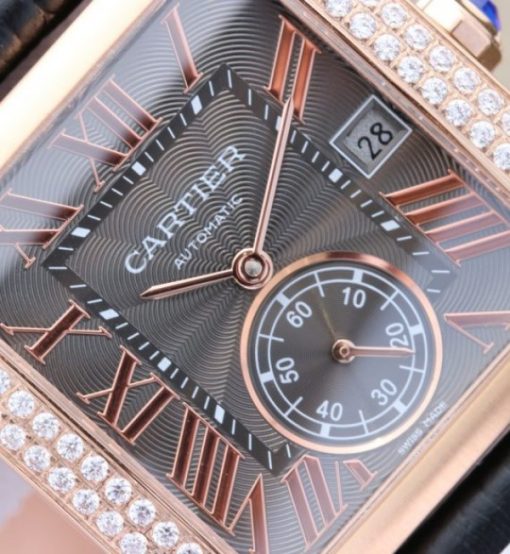 Replica Cartier Tank MC RG Gray Textured Dial Diamonds Bezel Leather Strap - Image 2