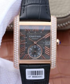 Replica Cartier Tank MC RG Gray Textured Dial Diamonds Bezel Leather Strap