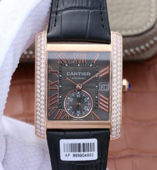 Replica Cartier Tank MC RG Gray Textured Dial Diamonds Bezel Leather Strap