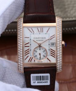 Replica Cartier Tank MC RG White Dial RG Mark Diamonds Bezel Leather Strap