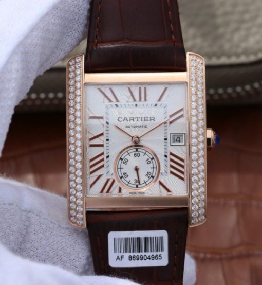 Replica Cartier Tank MC RG White Dial RG Mark Diamonds Bezel Leather Strap
