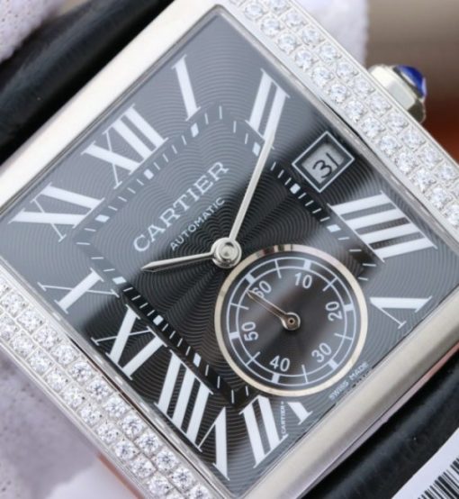 Replica Cartier Tank MC SS Black Dial Diamonds Bezel Leather Strap - Image 2