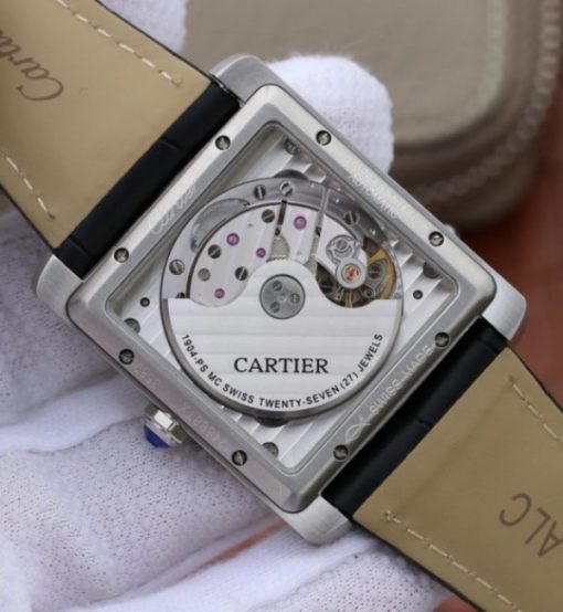 Replica Cartier Tank MC SS Black Dial Diamonds Bezel Leather Strap - Image 6