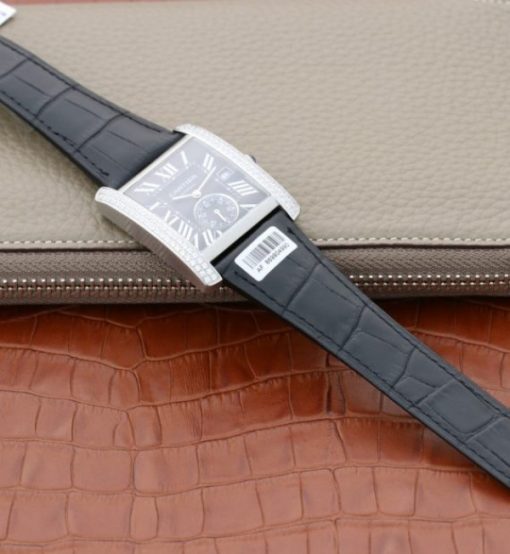 Replica Cartier Tank MC SS Black Dial Diamonds Bezel Leather Strap - Image 8