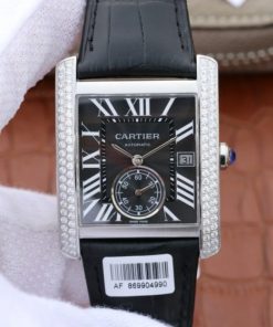 Replica Cartier Tank MC SS Black Dial Diamonds Bezel Leather Strap