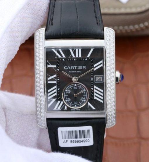 Replica Cartier Tank MC SS Black Dial Diamonds Bezel Leather Strap