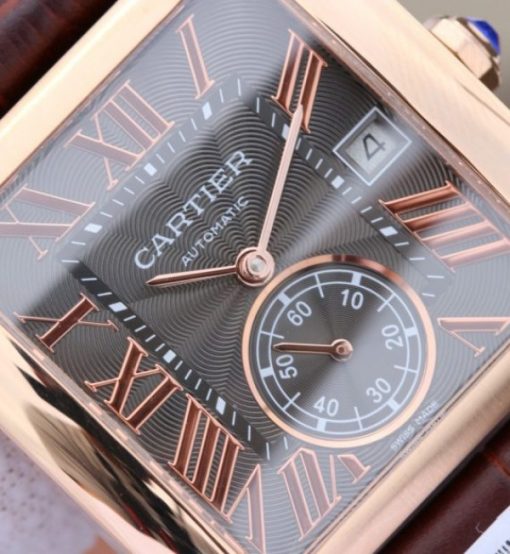 Replica Cartier Tank MC RG Gray Textured Dial Brown leather strap - Image 2