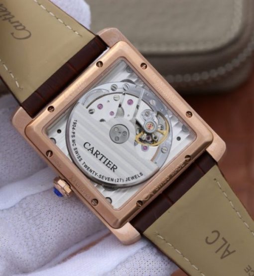 Replica Cartier Tank MC RG Gray Textured Dial Brown leather strap - Image 6