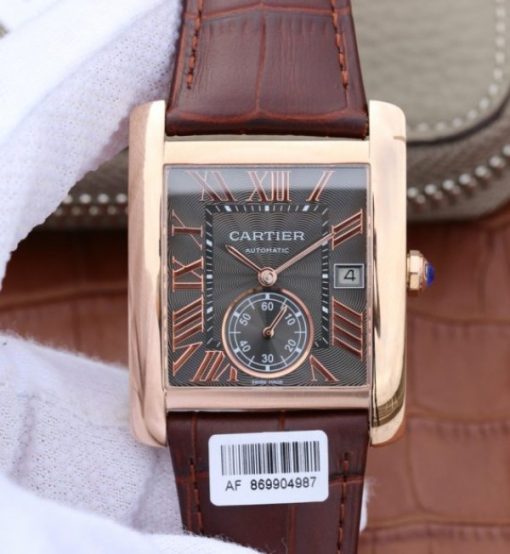 Replica Cartier Tank MC RG Gray Textured Dial Brown leather strap