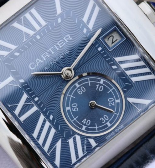 Replica Cartier Tank MC SS Blue Textured Dial Blue Leather Strap - Image 2