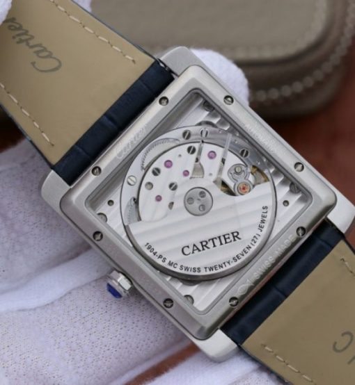 Replica Cartier Tank MC SS Blue Textured Dial Blue Leather Strap - Image 6