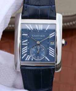 Replica Cartier Tank MC SS Blue Textured Dial Blue Leather Strap