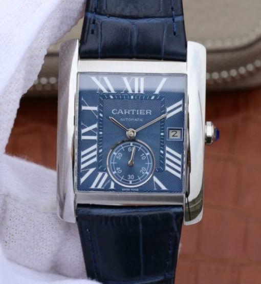 Replica Cartier Tank MC SS Blue Textured Dial Blue Leather Strap