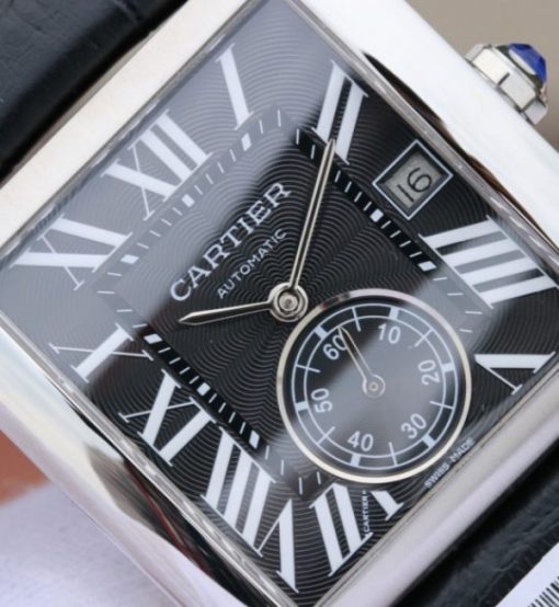 Replica Cartier Tank MC SS Black Textured Dial Black Leather Strap - Image 2