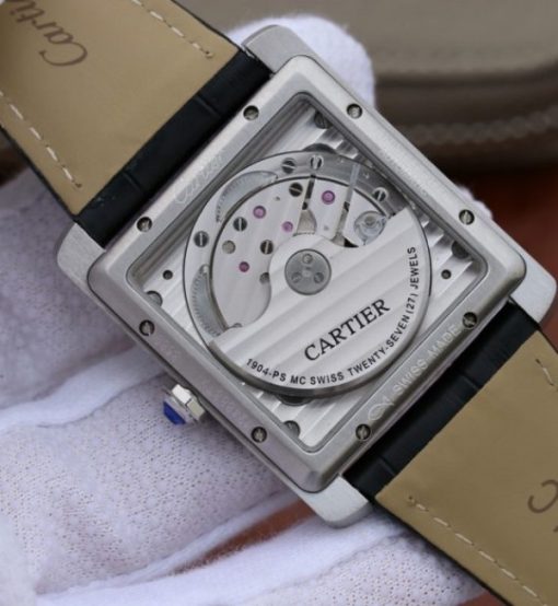 Replica Cartier Tank MC SS Black Textured Dial Black Leather Strap - Image 6
