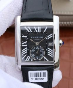 Replica Cartier Tank MC SS Black Textured Dial Black Leather Strap