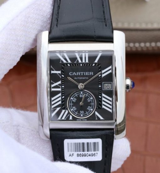 Replica Cartier Tank MC SS Black Textured Dial Black Leather Strap