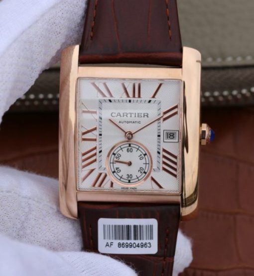 Replica Cartier Tank MC RG White Dial RG Mark Brown Leather Strap