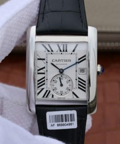 Replica Cartier Tank MC SS Textured White Dial Black Leather Strap