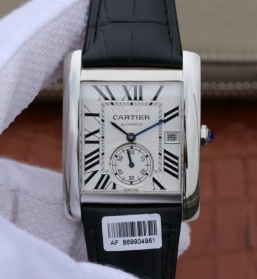 Replica Cartier Tank MC SS Textured White Dial Black Leather Strap