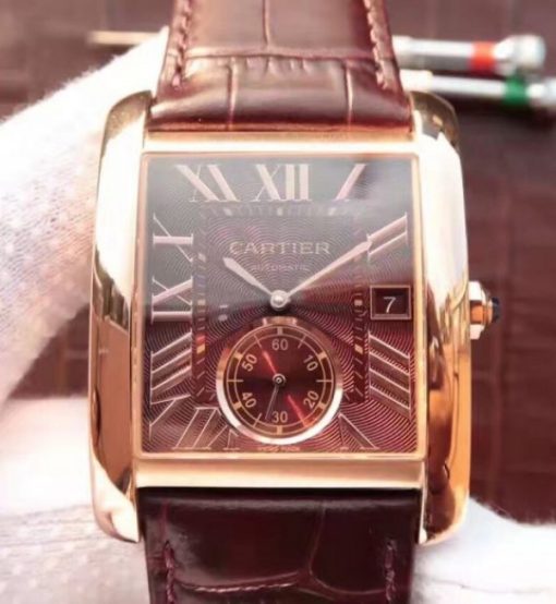 Replica Cartier Tank MC RG Brown Dial RG Mark Brown Leather Strap