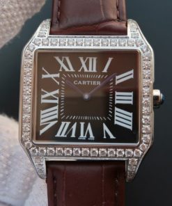 Replica Cartier Santos WH100651 Diamond SS Black Dial Leather Strap A9015