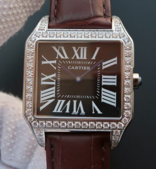 Replica Cartier Santos WH100651 Diamond SS Black Dial Leather Strap A9015