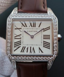 Replica Cartier Santos WH100651 Diamond SS White Dial Leather Strap A9015