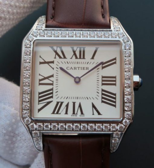 Replica Cartier Santos WH100651 Diamond SS White Dial Leather Strap A9015