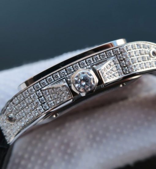 Replica Cartier V6 Santos 100 41mm White Dial Diamond Bezel Black Leather Strap A2824 - Image 3
