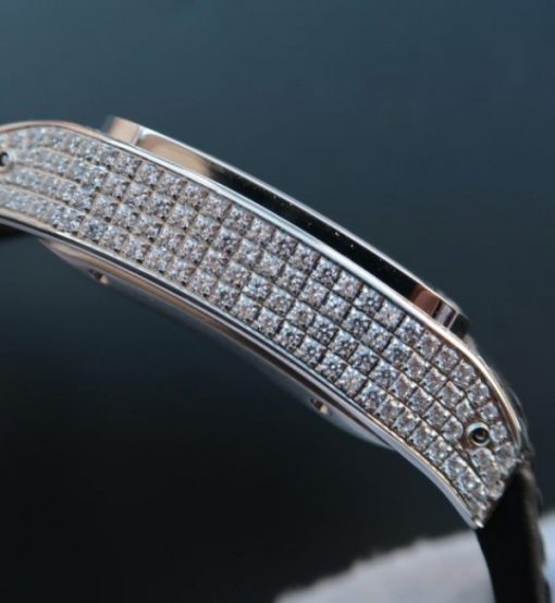 Replica Cartier V6 Santos 100 41mm White Dial Diamond Bezel Black Leather Strap A2824 - Image 4