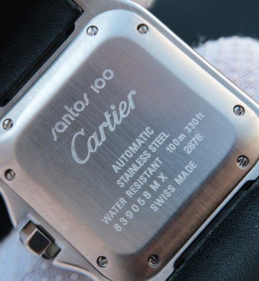 Replica Cartier V6 Santos 100 41mm White Dial Diamond Bezel Black Leather Strap A2824 - Image 5
