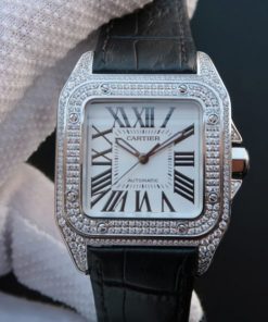 Replica Cartier V6 Santos 100 41mm White Dial Diamond Bezel Black Leather Strap A2824