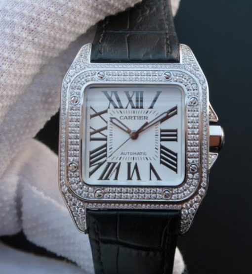Replica Cartier V6 Santos 100 41mm White Dial Diamond Bezel Black Leather Strap A2824