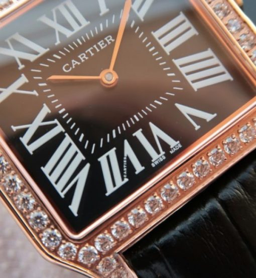 Replica Cartier Santos WH100751 Diamond RG Black Dial Leather Strap A9015 - Image 2