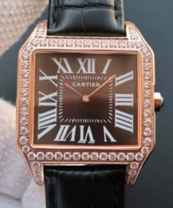 Replica Cartier Santos WH100751 Diamond RG Black Dial Leather Strap A9015