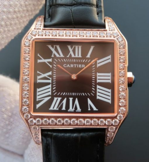 Replica Cartier Santos WH100751 Diamond RG Black Dial Leather Strap A9015
