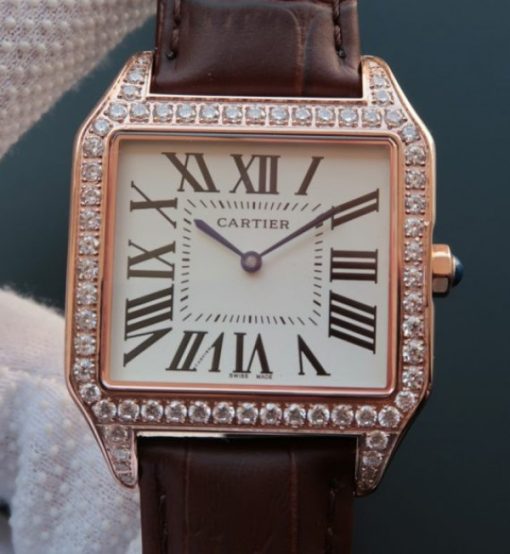 Replica Cartier Santos WH100751 Diamond RG White Dial Leather Strap A9015