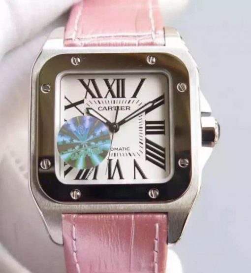 Replica Cartier V6 Santos 100 W20126X8 36mm White Dial Black Leather Strap