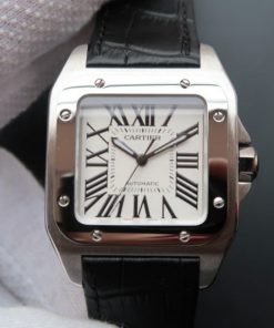 Replica Cartier V6 Santos 100 W20106X8 36mm White Dial Black Leather Strap A2824