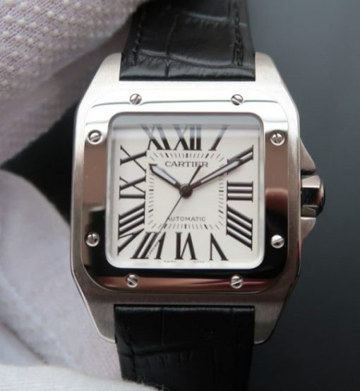 Replica Cartier V6 Santos 100 W20106X8 36mm White Dial Black Leather Strap A2824