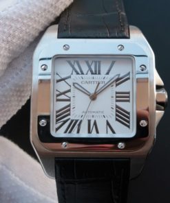 Replica Cartier V6 Santos 100 41mm White Dial Black Leather Strap A2824