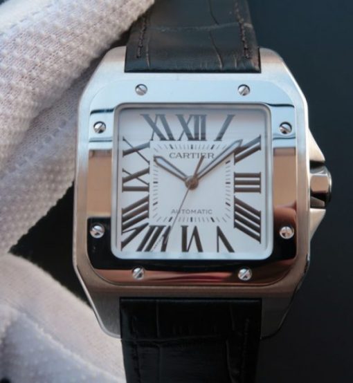 Replica Cartier V6 Santos 100 41mm White Dial Black Leather Strap A2824